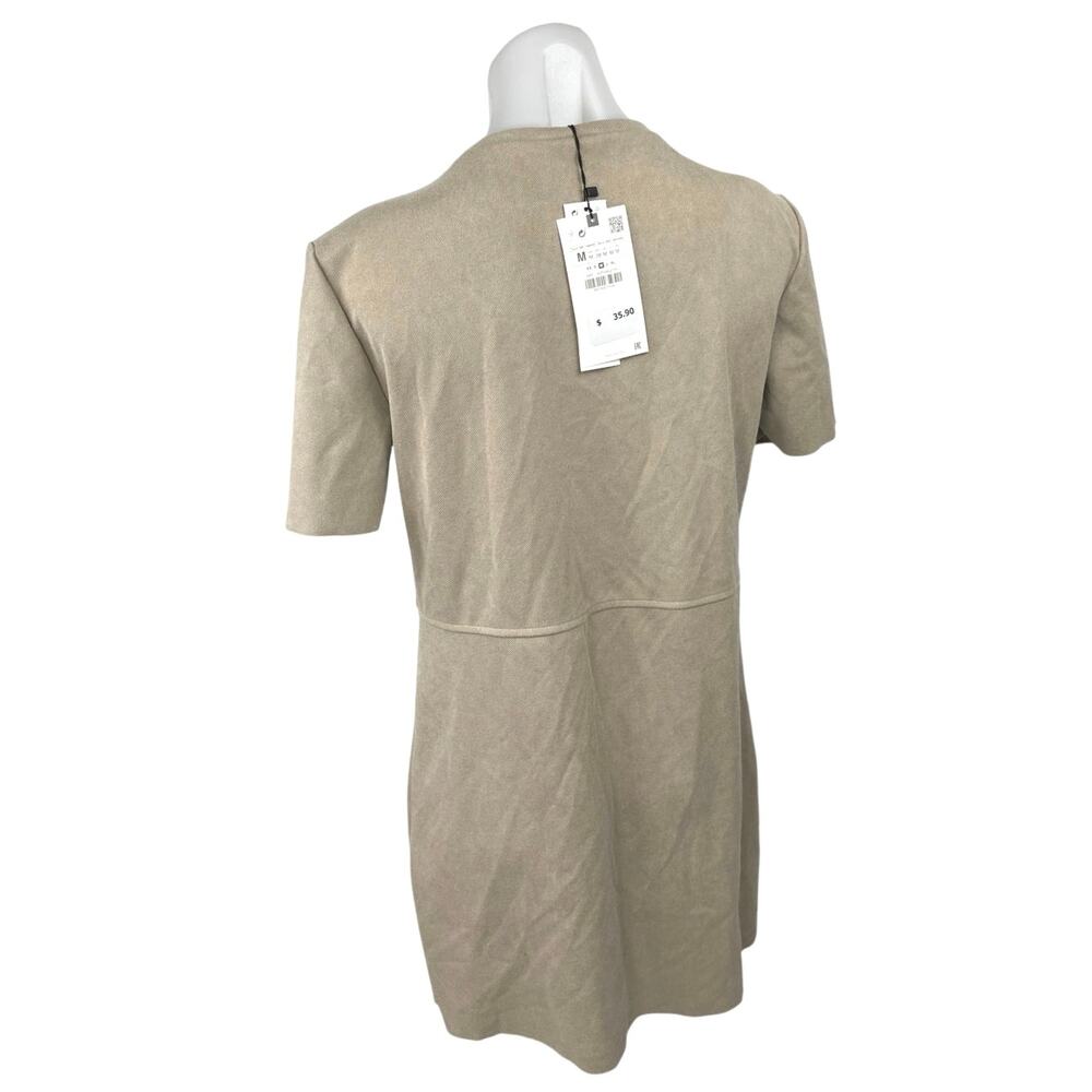 NEW Zara Beige Nude Faux Leather Suede Short Sleeve Mini Tee T-Shirt Dress M - Picture 5 of 8